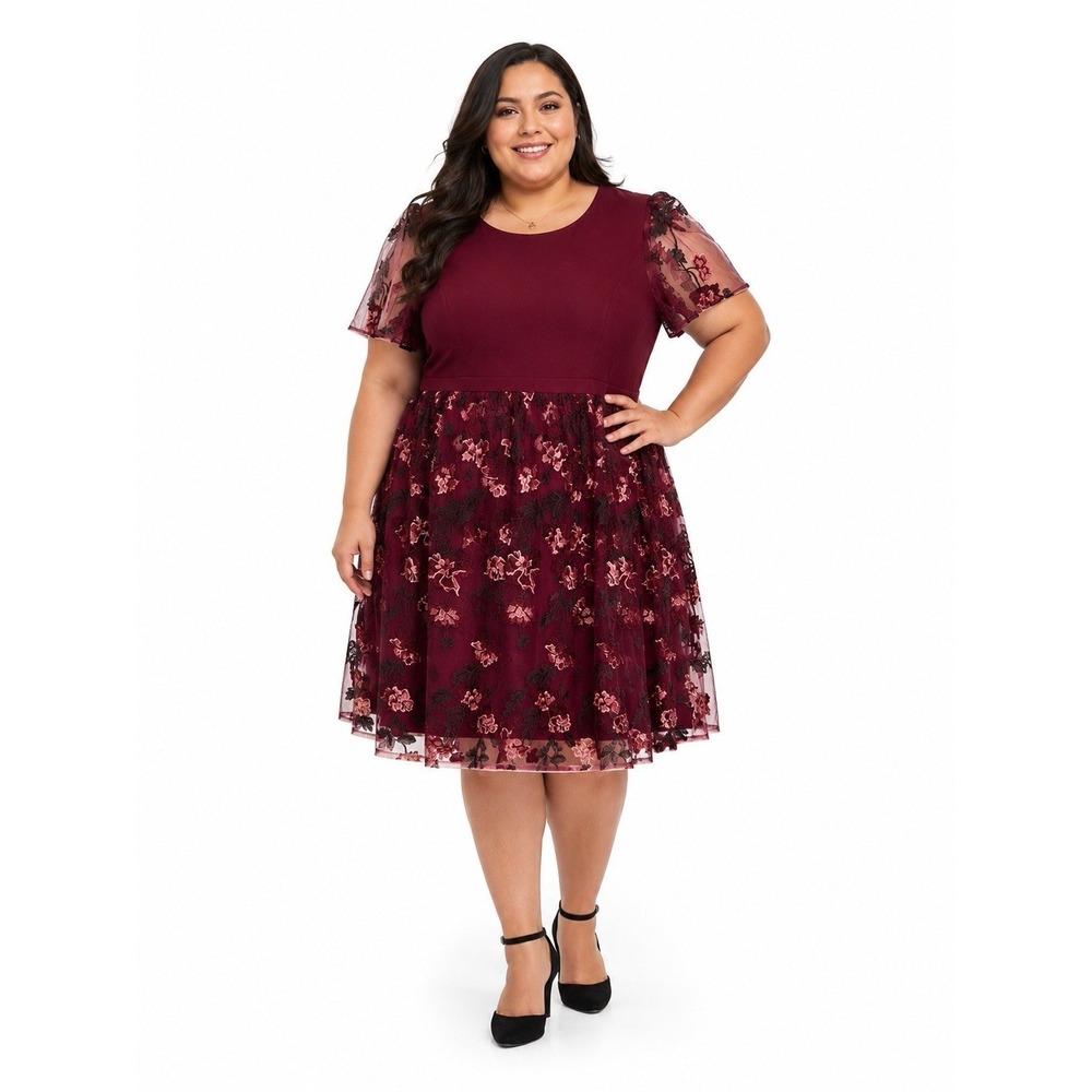 Plus Size Burgundy Floral Mesh Fit & Flare Dress